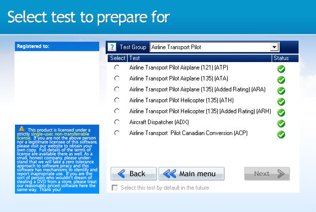 GroundSchool ATP Test Selection Screen