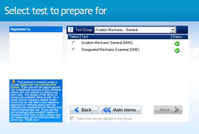 GroundSchool MECHANIC Test Selection Screen