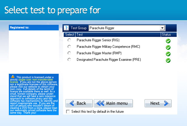 GroundSchool RIGGER Test Selection Screen