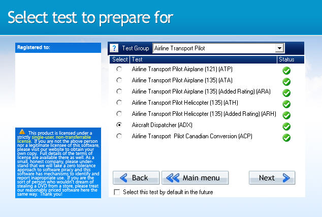 GroundSchool ADX Test Selection Screen