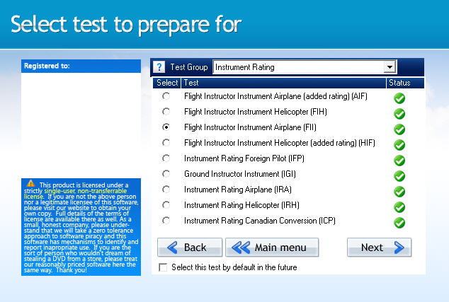 GroundSchool CFII Test Selection Screen