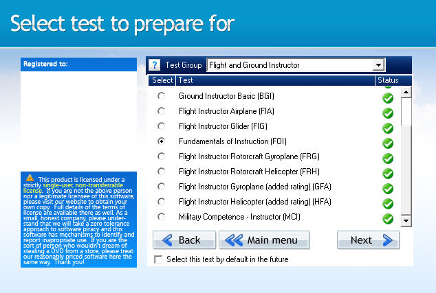 GroundSchool FOI Test Selection Screen