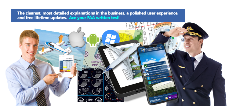 GroundSchool montage with two people, aviation charts, illustrations, aircraft, and mobile devices.