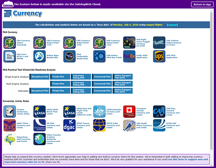 Safelog FAA currency monitoring screen